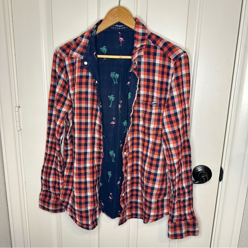 Chubbies Flip it Reverse It Reversible Flamingos Snap Button Plaid Shirt Sz M
